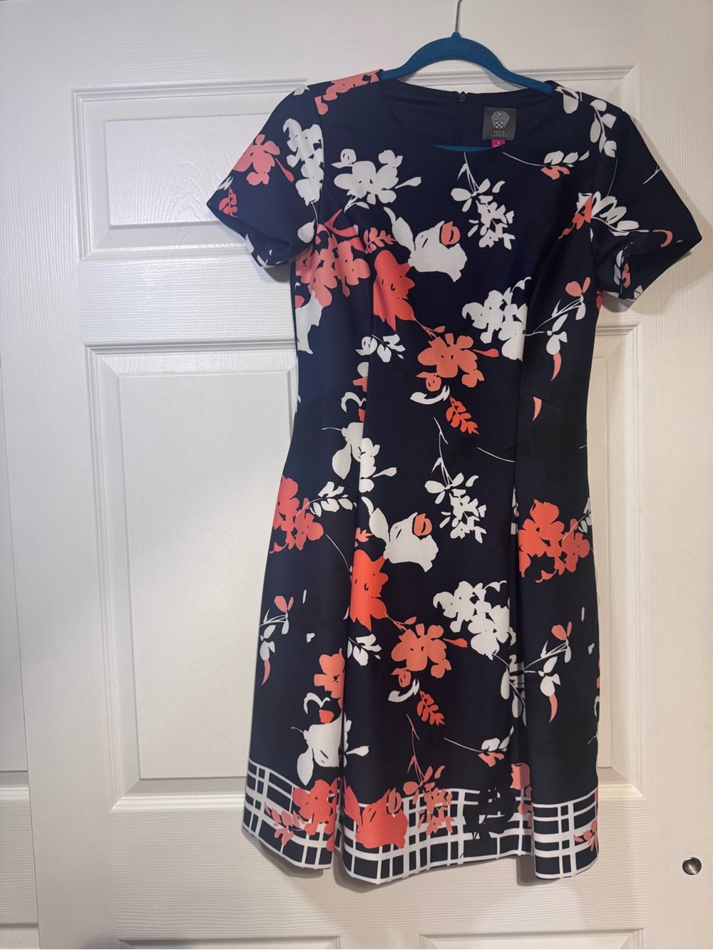 Vince Camuto Floral Fit-and-Flare Dress in Navy with Coral and White w/ pockets!